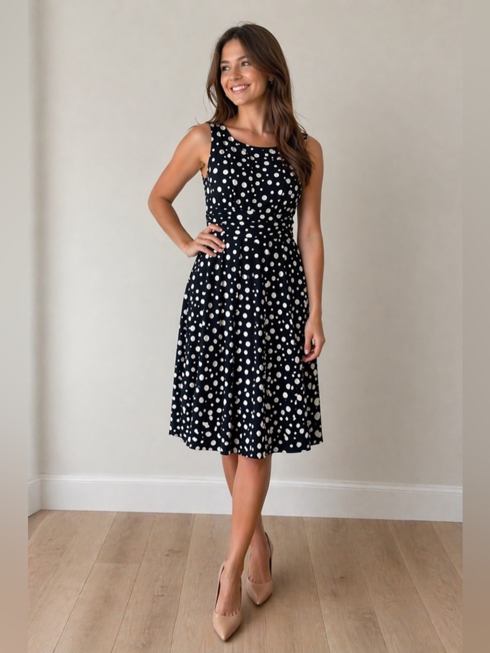 NWT Cleo Navy & White Polka Dot Sleeveless Midi Dress US 10